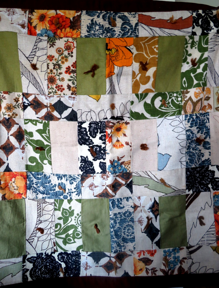 Vtg Quilted Tablecover Throw Handmade Machine Stitched Brown Multi-Print Boho