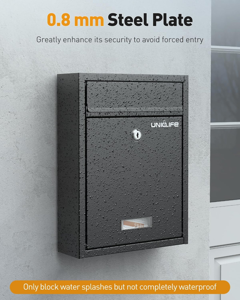 Locking Wall Mount Mailbox Large Black Steel Secure Mail Box Key Drop