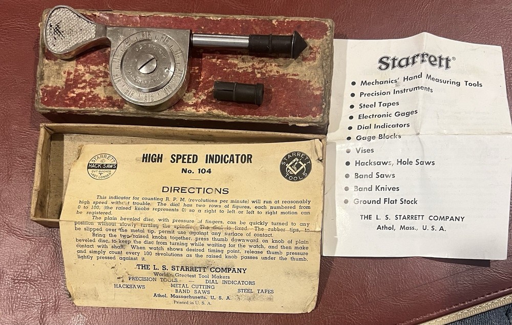 Starrett No. 104 Speed Indicator with original box with paperwork