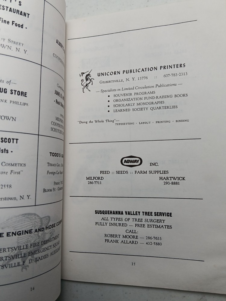 1973 Otsego County NY Vol. Fire Dept Convention Program Firefighting Hartwick