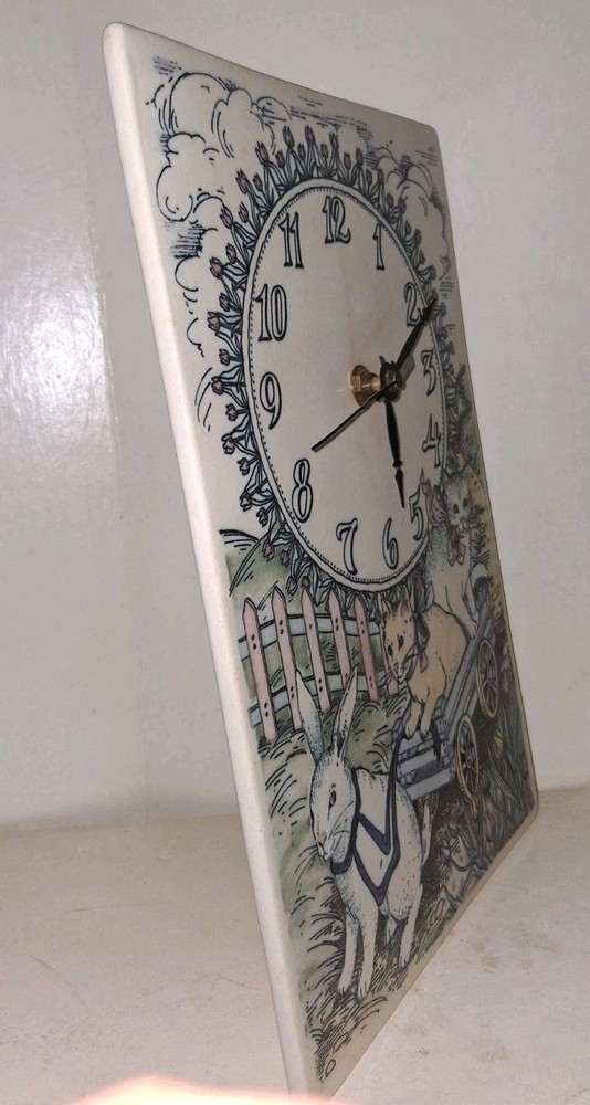 1987-1989 Santa Barbara Ceramic Design Spring Easter Cats Rabbit Clock. Rare