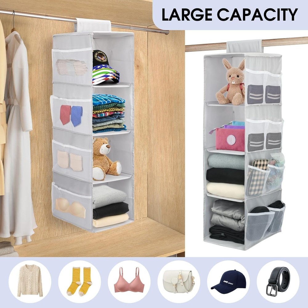 Grey Fabric Hanging Organizer - 4 Shelves & Multiple Mesh Pockets