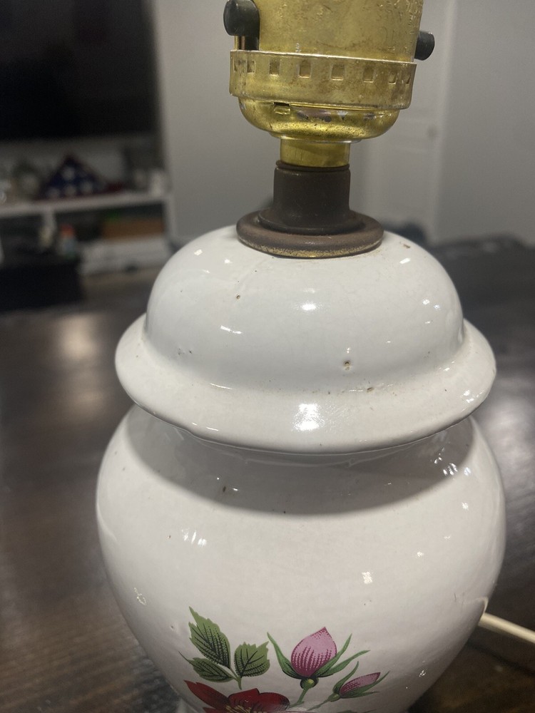 Functioning Vintage White Floral Ceramic Table Lamp NO SHADE