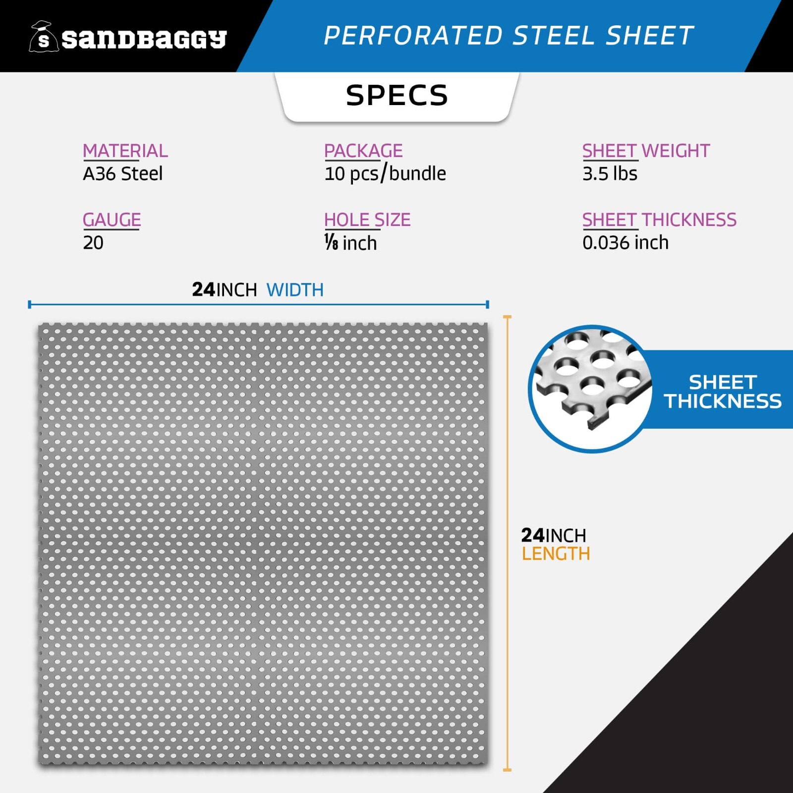 Sandbaggy Perforated Steel Sheet 24" x 24" - Perforated Metal Sheet - 20 Gauge