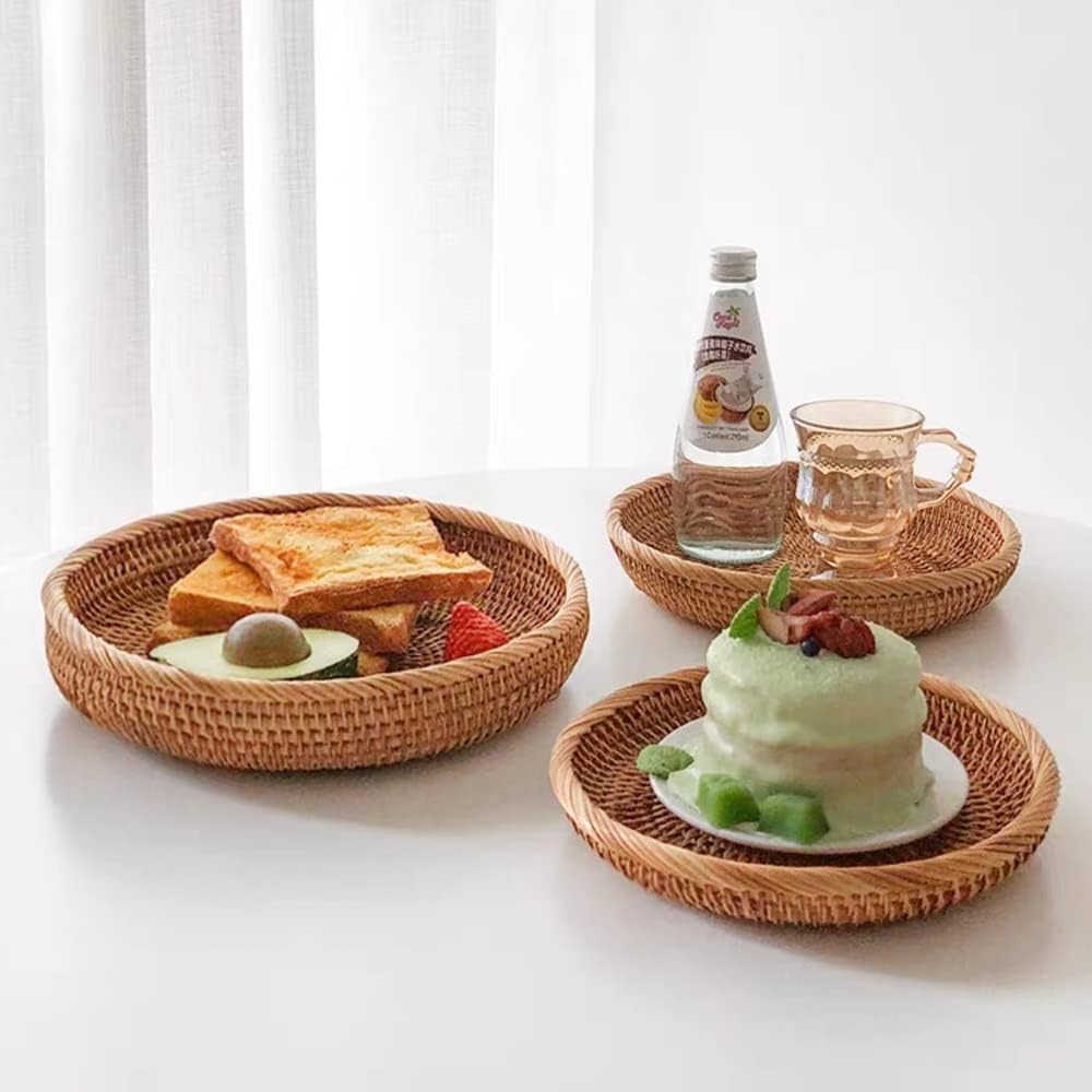 3 Pack Round Rattan Wicker Nesting Bread, Fruit, Storage, Serving Baskets Trays