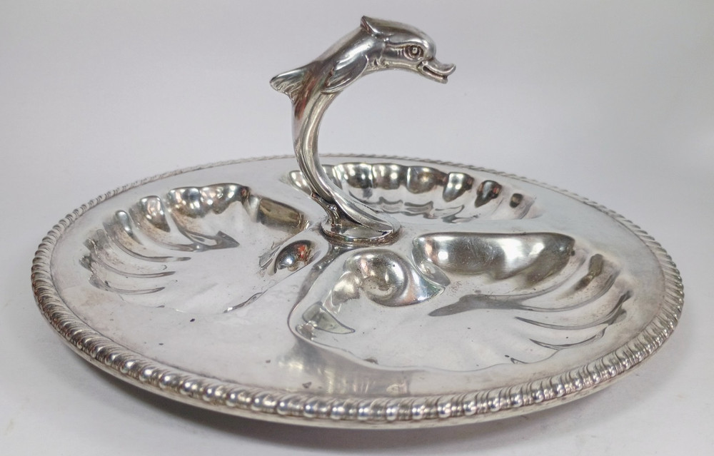 Vintage Canterbury Silverplate Tray Dolphin Motif Handle Three Sections 8 3/4"