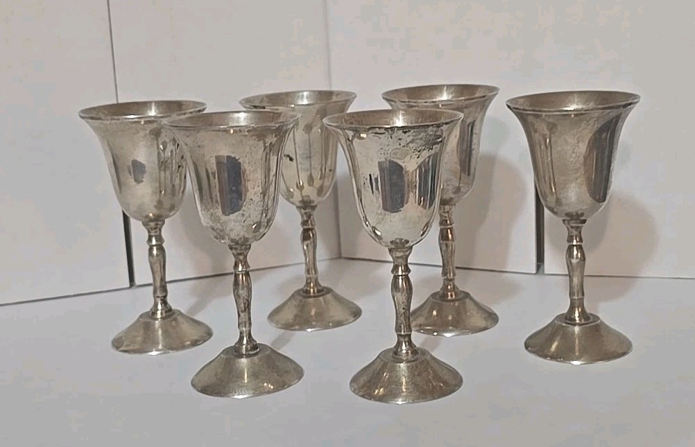 6 Vintage E.P.N.S. Silver Plated Wine Goblets, 3 1/2"Tall.
