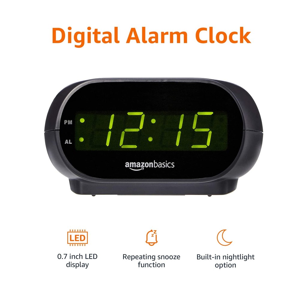 Amazon Basics Small Digital Oval Alarm Clock With LED Display, Small, Black