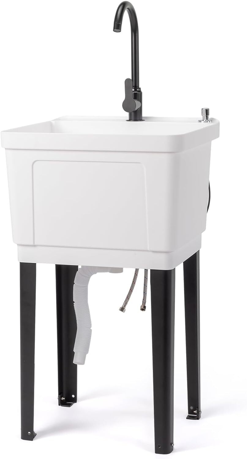 Utility Sink Laundry Tub for Washing Room with Stainless Steel Faucet Space Save