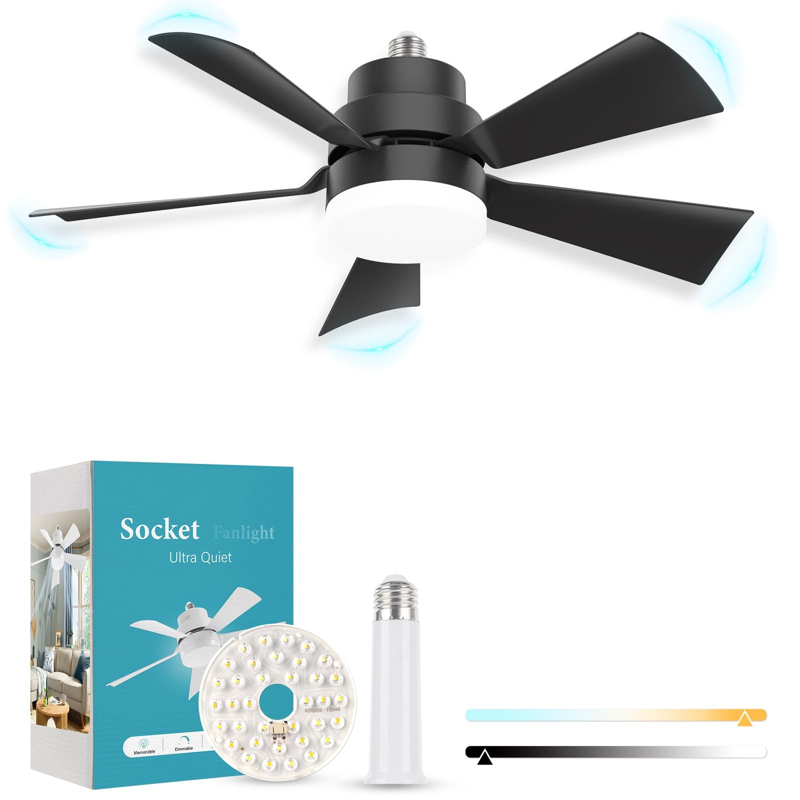 Socket Ceiling Fans with Lights and Remote- Socket Fan light with Dimmable Led