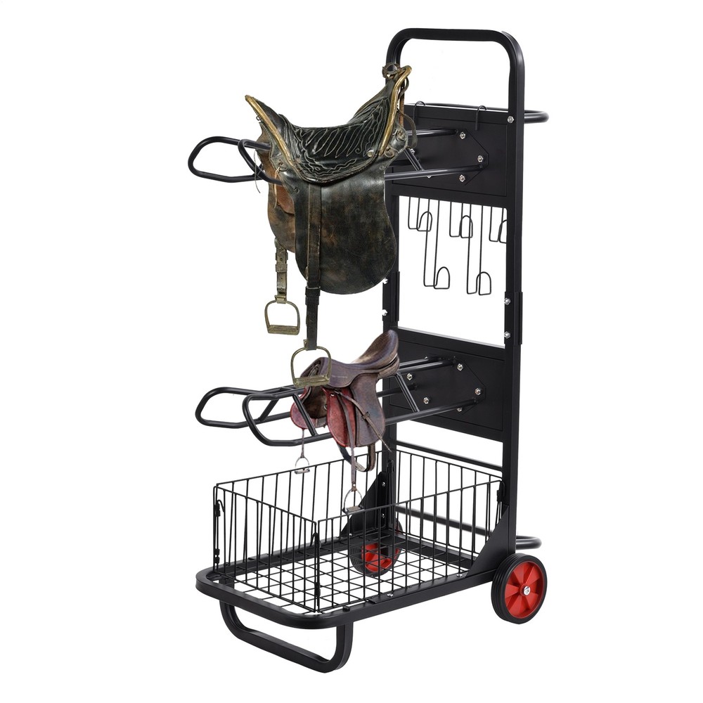 Foldable Freestanding Saddle Rack Stand Moveable Horse Tool Trolley Cart Black