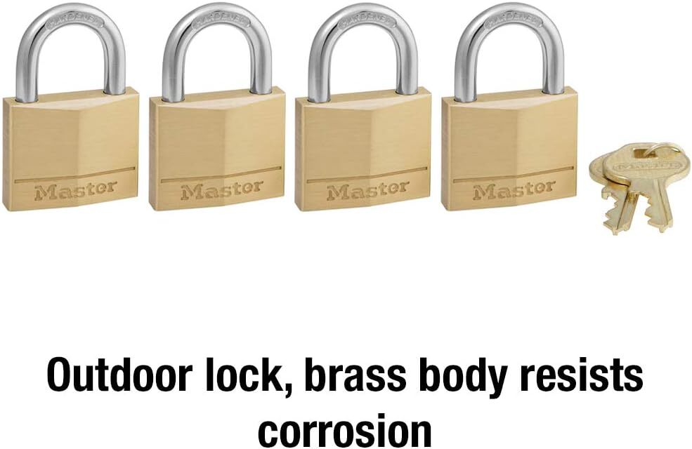 Master Lock 140Q Solid Keyed Alike Padlocks, 4 Pack, Brass, Silver
