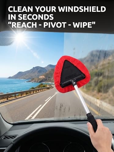 Windshield Window Cleaner Tool, Extendable Long-Reach Handle, Black & Red