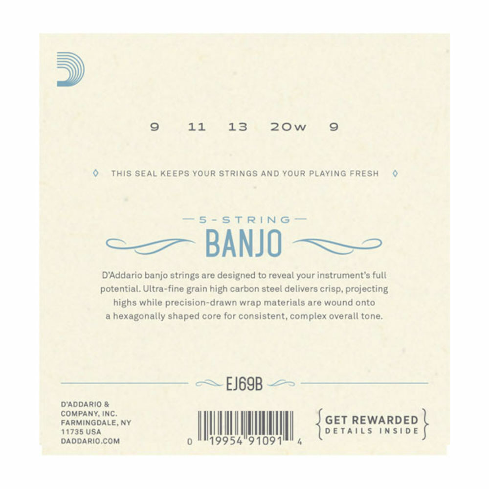 D'Addario EJ69B 5-String Ball-End Banjo Strings, Phosphor Bronze, Light, 9-20