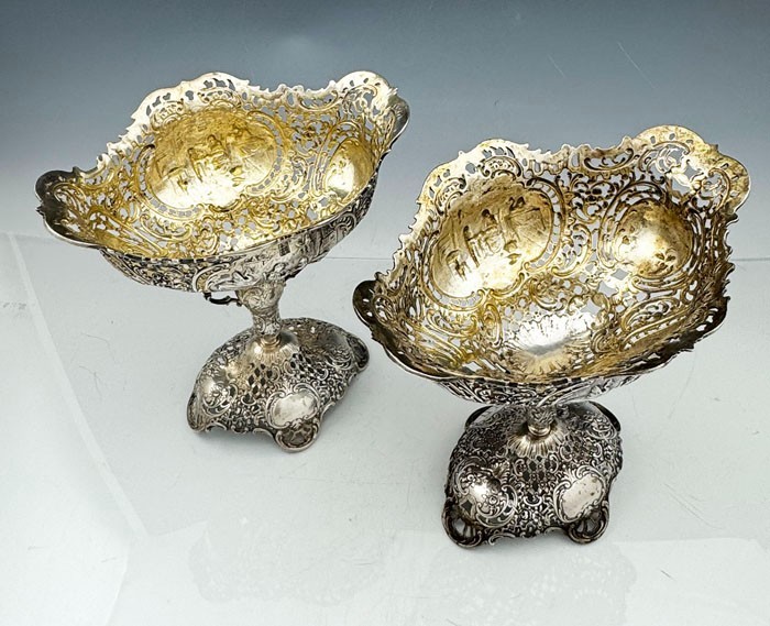 Pair German 800 Silver FIGURAL COMPOTES 26 oz