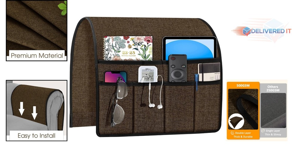 Adjustable Linen Armchair Caddy in Chocolate: Functional Sofa Storage Solution
