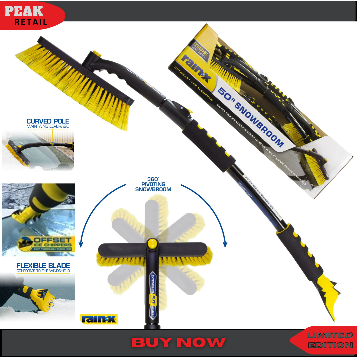 Rain-X 50" Extendable Windshield Snow Broom Brush Ice Scraper for Car SUV Truck