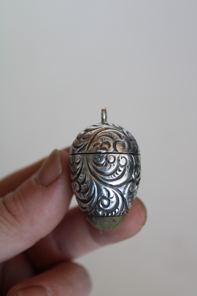 Antique Sterling Silver Repousse Sewing Chatelaine Egg Thimble Case & Pincushion
