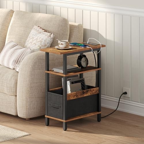 Narrow Side Table with Charging Station, Slim End Table with Rustic Brown