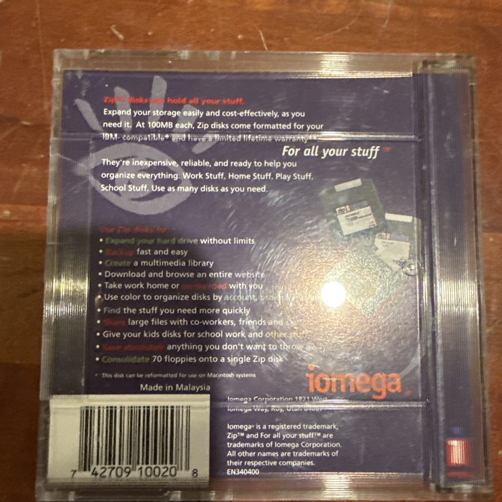 Iomega Zip Disk PC100 IBM Single Diskette 100MB Storage Capacity w Original Case