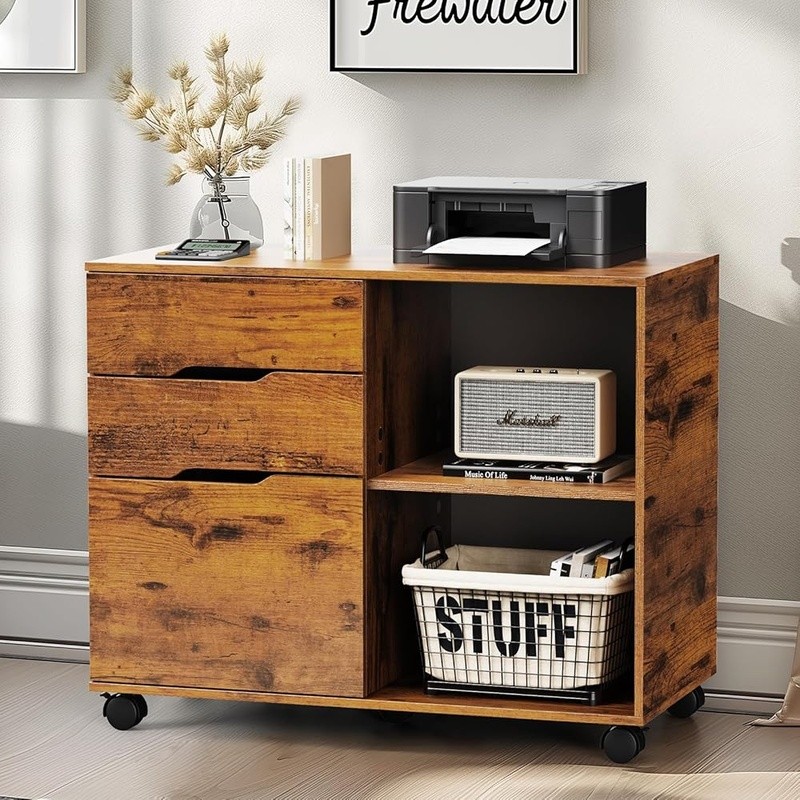 Versatile Office Cabinet W/ Open Shelves & 3 Drawers Rolling Storage Solution US