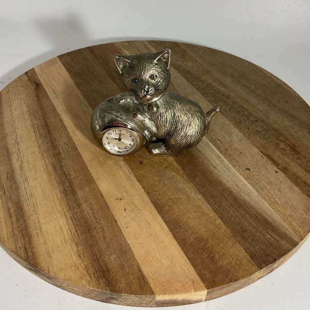 Timex Desk Clock Cat Silvertone Paperweight 2.5” (AA)