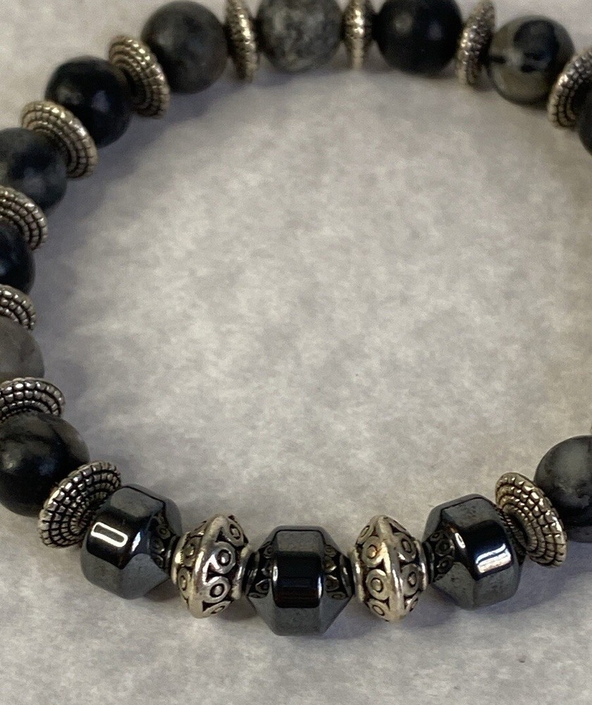 Hematite matte agate silver beaded bracelet unisex