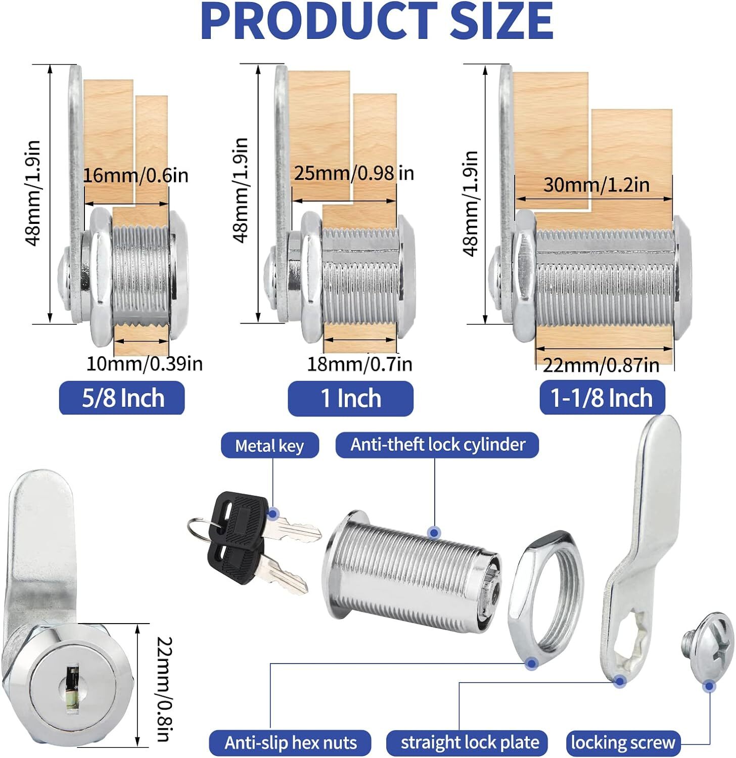 2/5/10 Pcs 5/8" 1" 1 1/8" Cabinet RV Cam Locks Keyed Alike Secure Drawer File