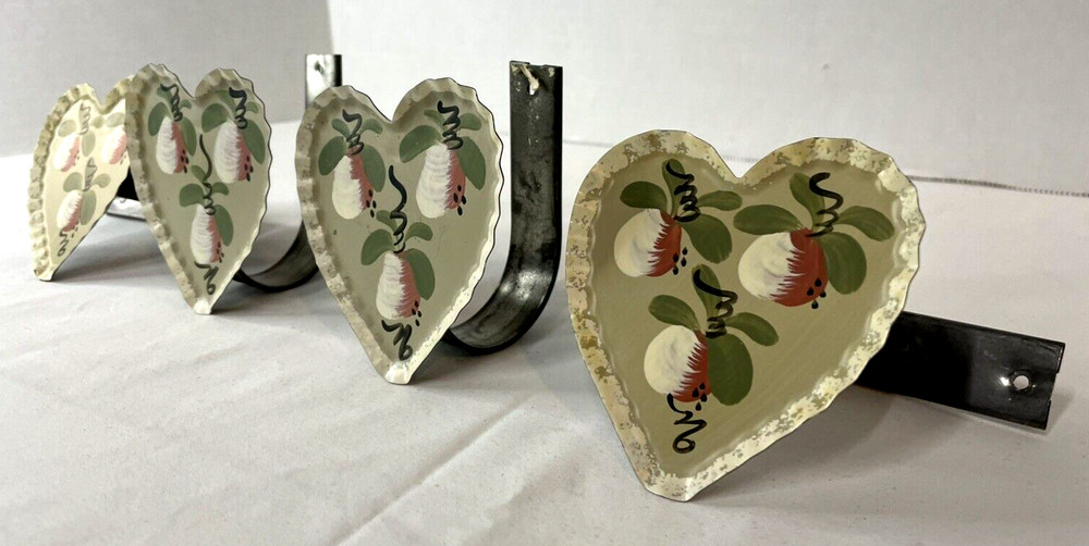 Hand Painted Artist Crafted Tin Heart Curtain Pull Backs Two Sets Cottage Core