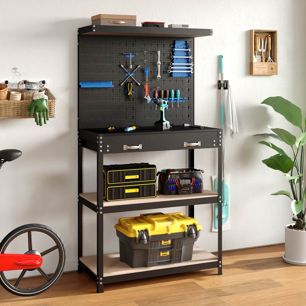 Multi-use Workbench with 2 Shelves Heavy-Duty Work Table Tool Storage Bench