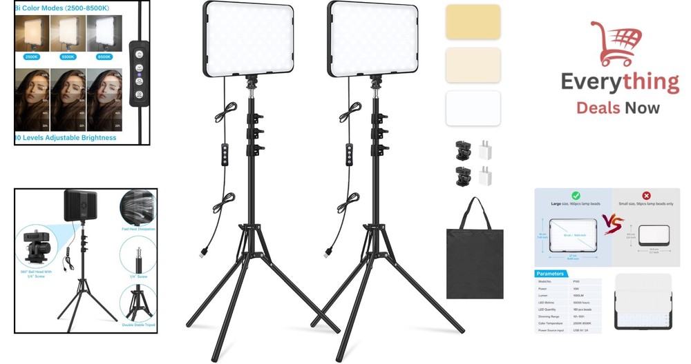 2 Pack Adjustable LED Video Light & 63" Tripod Perfect for Vlogging & Streaming