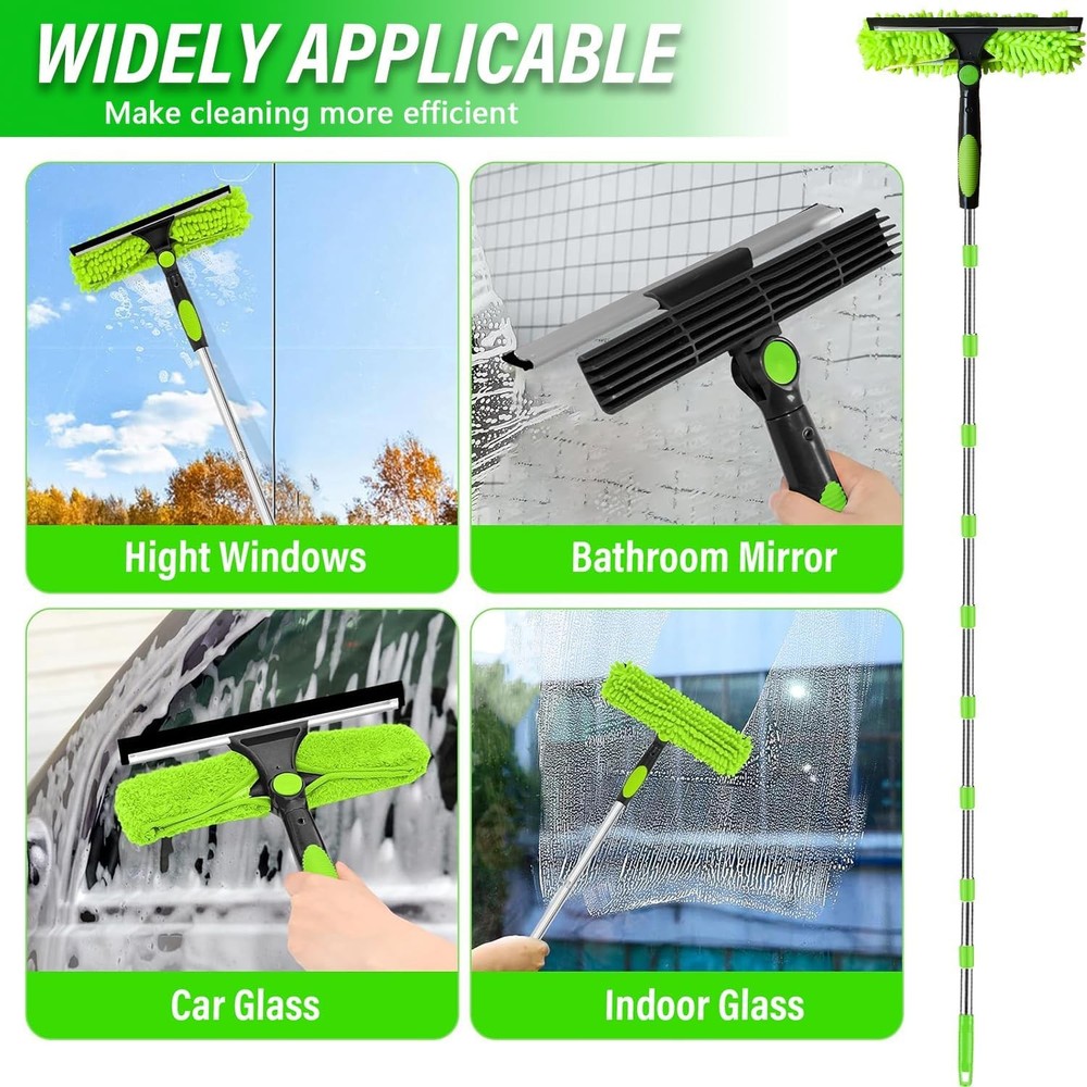 10-Section Telescopic Window Cleaner Pole with 2 Microfiber Pads & Squeegee