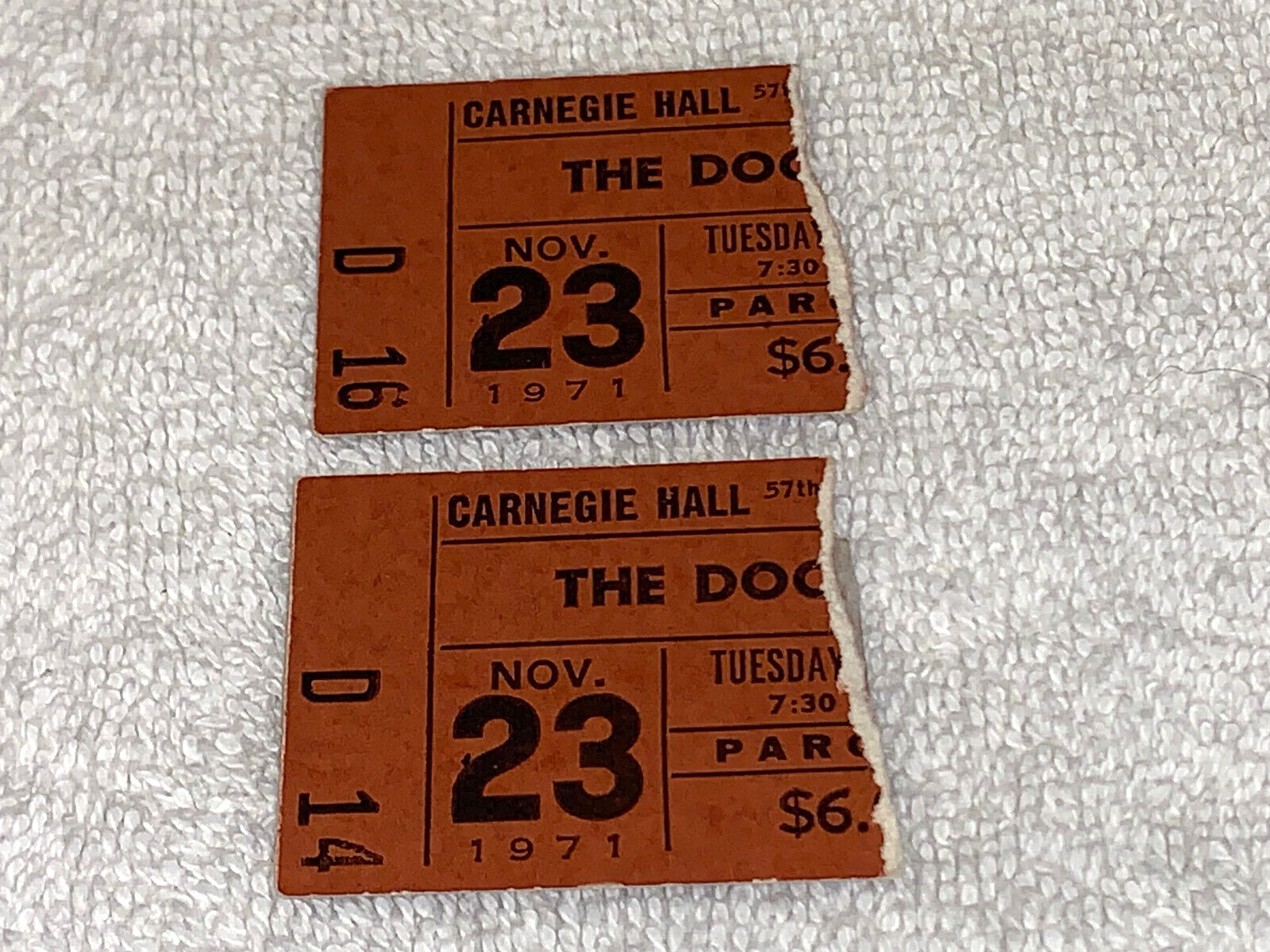 THE DOORS 1971 CONCERT TICKET STUBS CARNEGIE HALL Ray Manzarek Robby Krieger USA