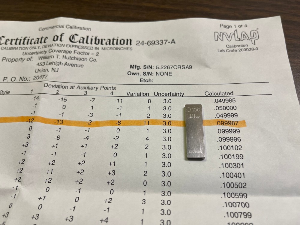 .100" Starrett-Webber Gage Block with certification
