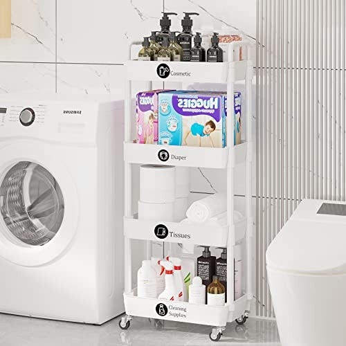 Storage Carts,Multifunction Utility Rolling Cart Kitchen Storage 4-Tier White