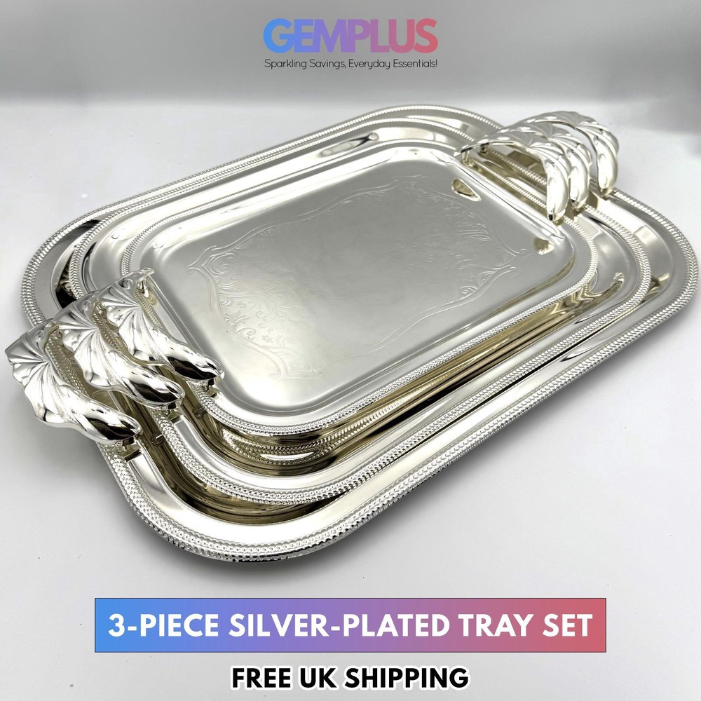 GEM+ | Premium 3-Piece Silver-Plated Vintage Tray Set – Elegant Durable Strong