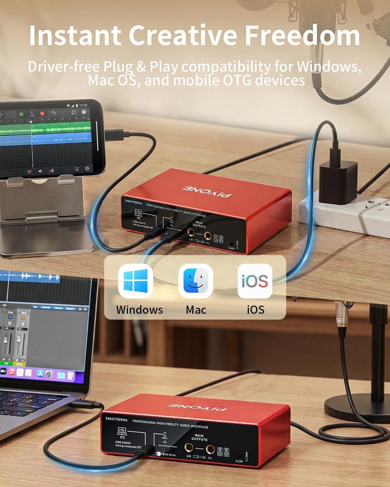 Audio Interface, 2X2 24-bit/192kHz Interface for High-Fidelity, Studio Quality