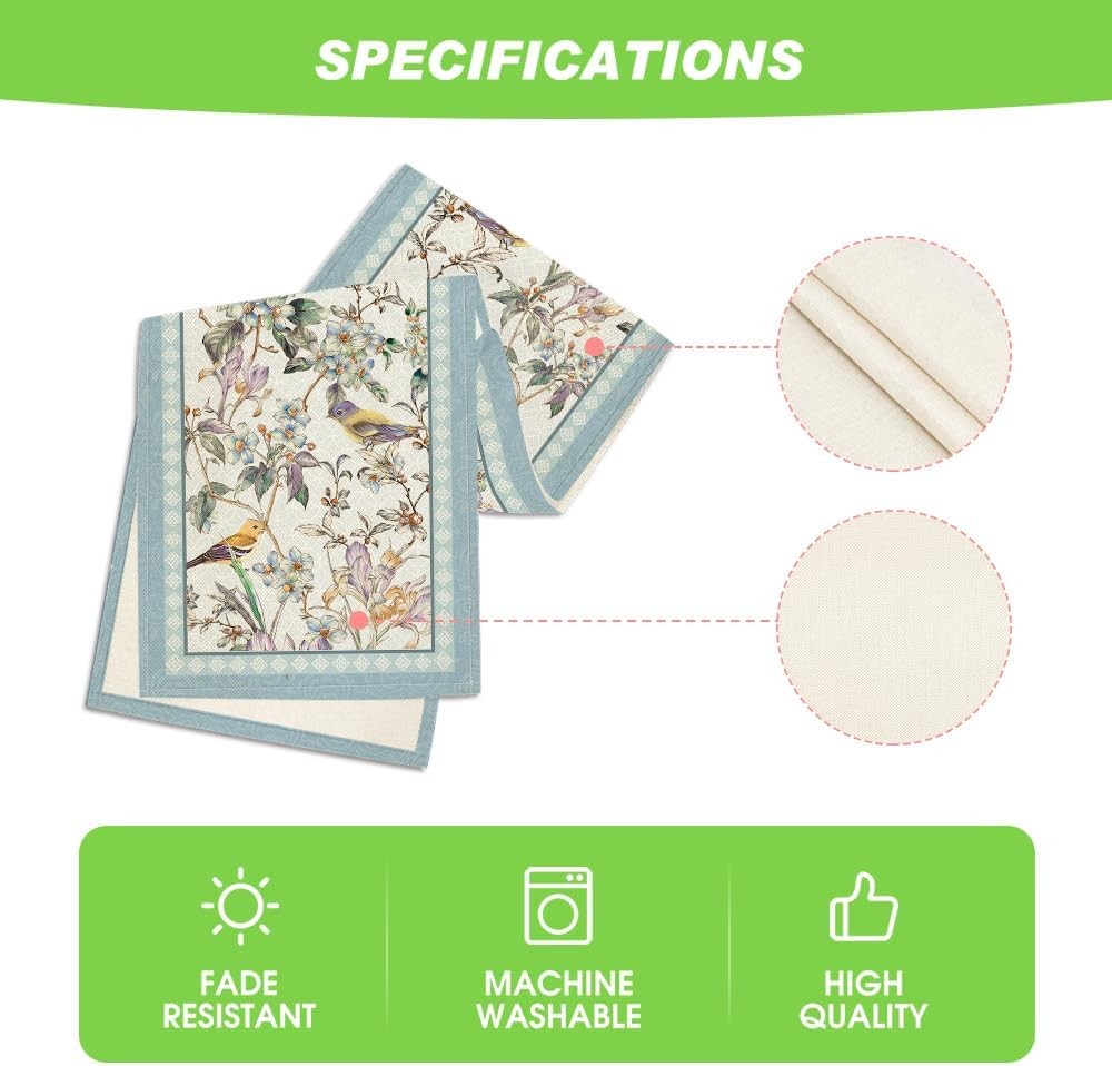 Artoid Mode Blue Birds Flowers Blossom Table Runner, Seasonal Spring Floral Kitc