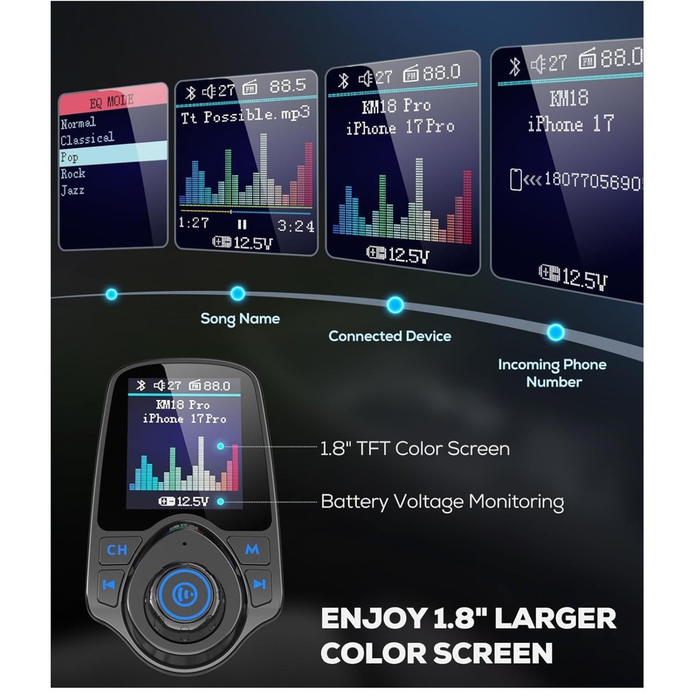 Bluetooth Car Adapter with Color Screen, Dual Fast Charging