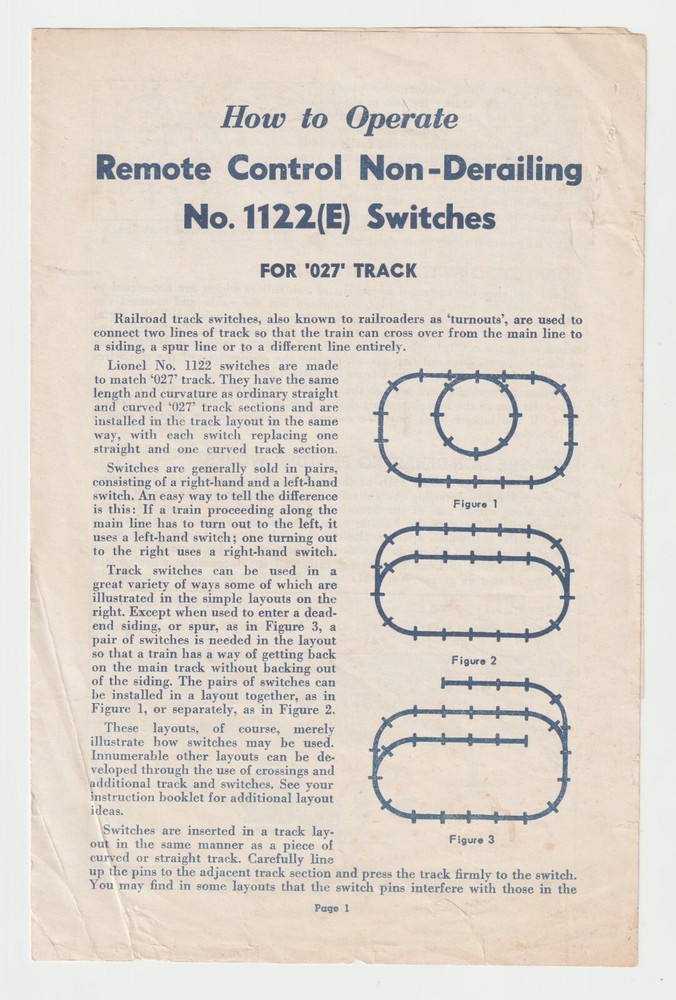 C1956 Lionel Install Instruction No 260 Bumper Operate 1122(E) Switch Model RR