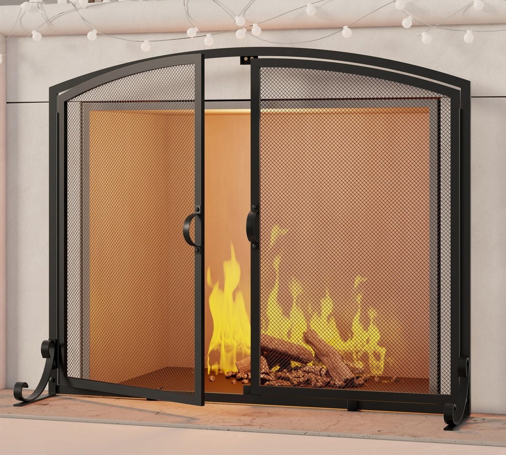 2-Pannel Fireplace Screen with Doors, Handcrafted Solid Mesh,Stable Adjustabl...