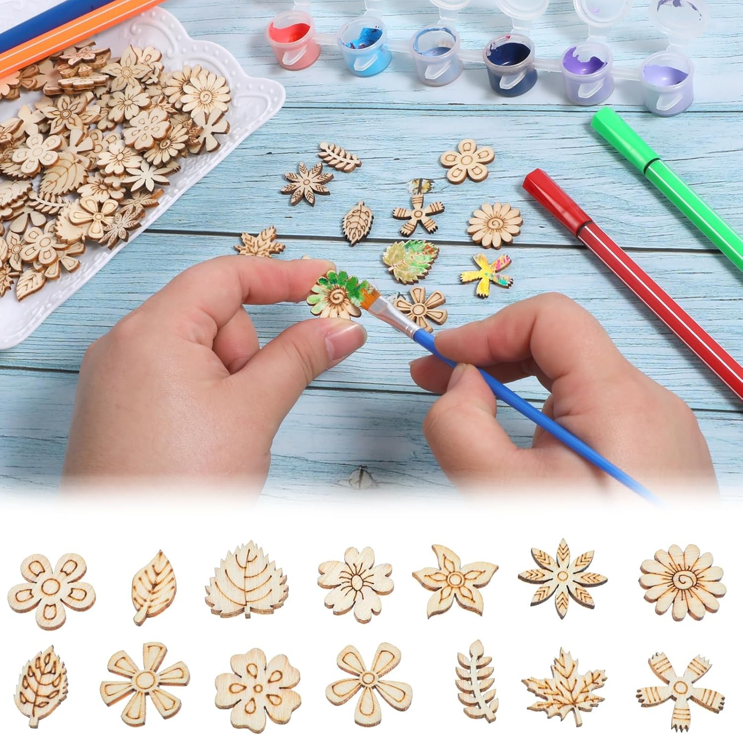 100 Pcs Poplar Wood Mini Flowers DIY Crafts Cutouts Embellishments