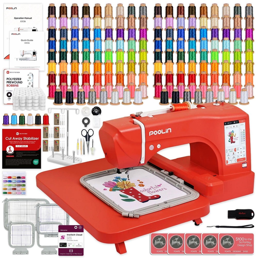 POOLIN EOC06 7.9in x 11in Embroidery Machine & 166 Thread Spool Bundle - Red