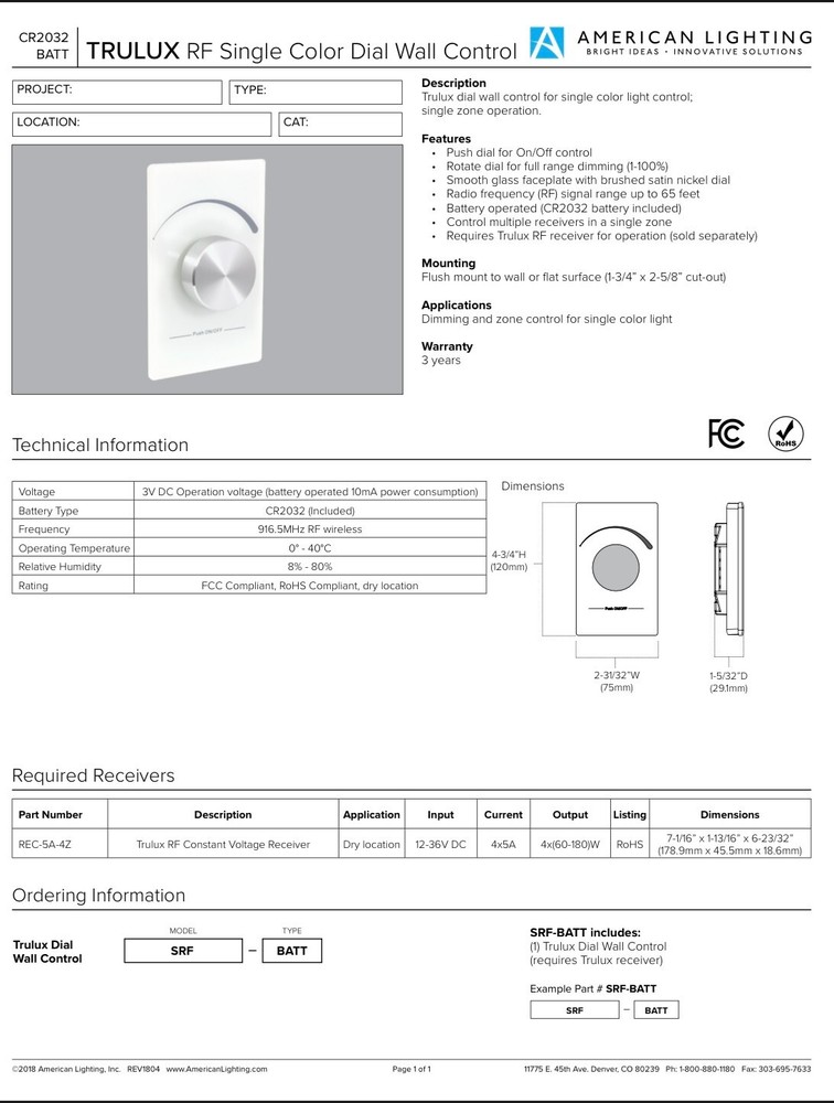 American Lighting Wall Control SRF-BATT