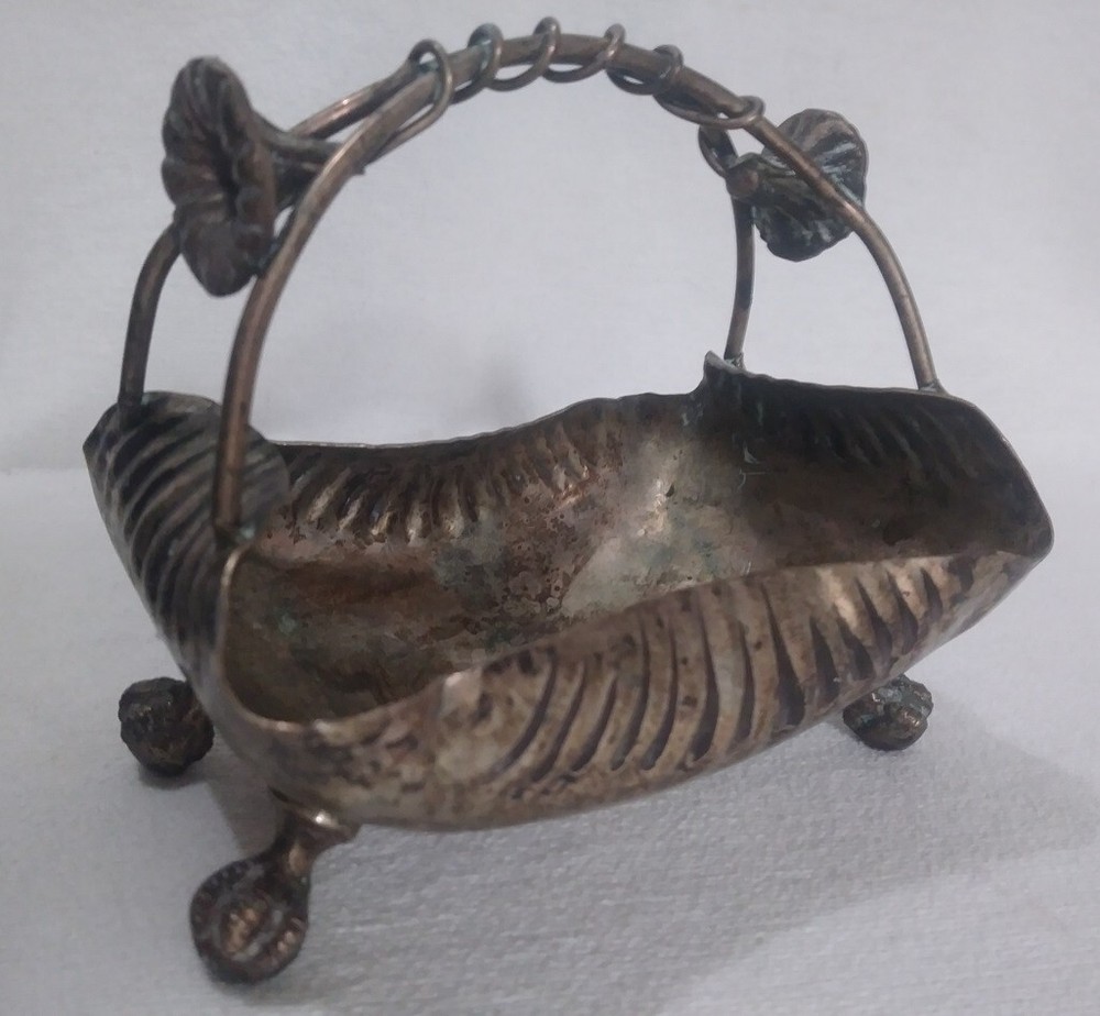 Silver Plated Footed Rectangular Metal Candy Dish 'basket' w/ Floral Handle '40s