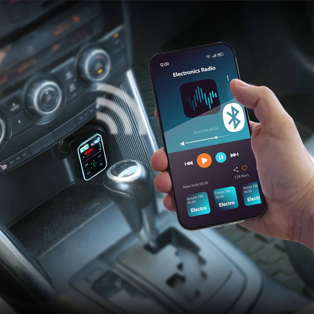 . Bluetooth FM Car Charger with LCD Screen, Type C, Wirelessly Stream Calls