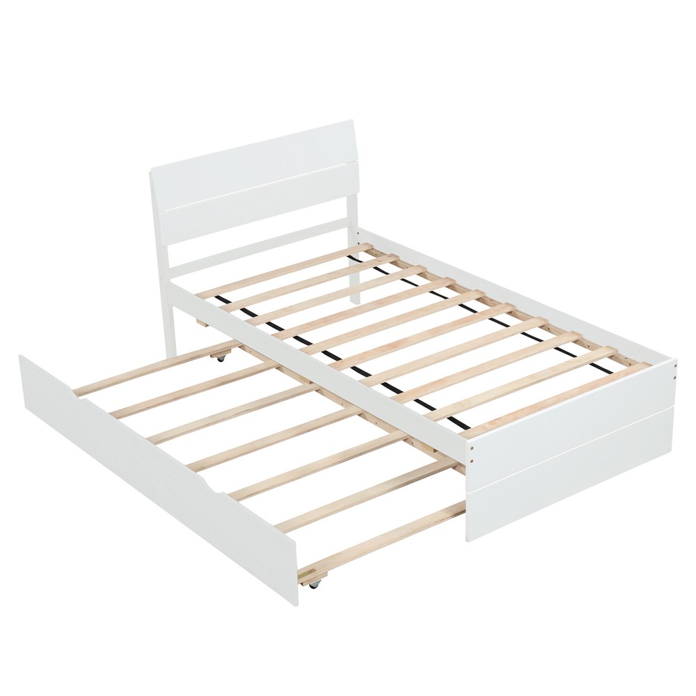 Twin Size Bed Frame Wood Platform Bed Frame with Headboard & Pull Out Trundle
