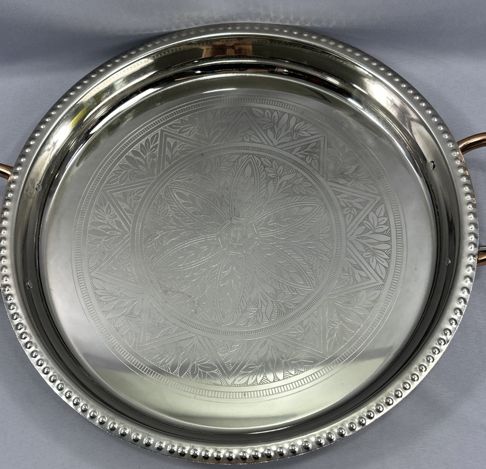 Vintage Large 16.5” Silverplate Silver Round Serving Tray w/Copper Handles India