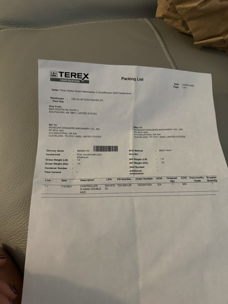 Terex rh DOUBLE AXIS CONTROLLER JOYSTICK right HAND CONTROL JS8 TYPE OEM