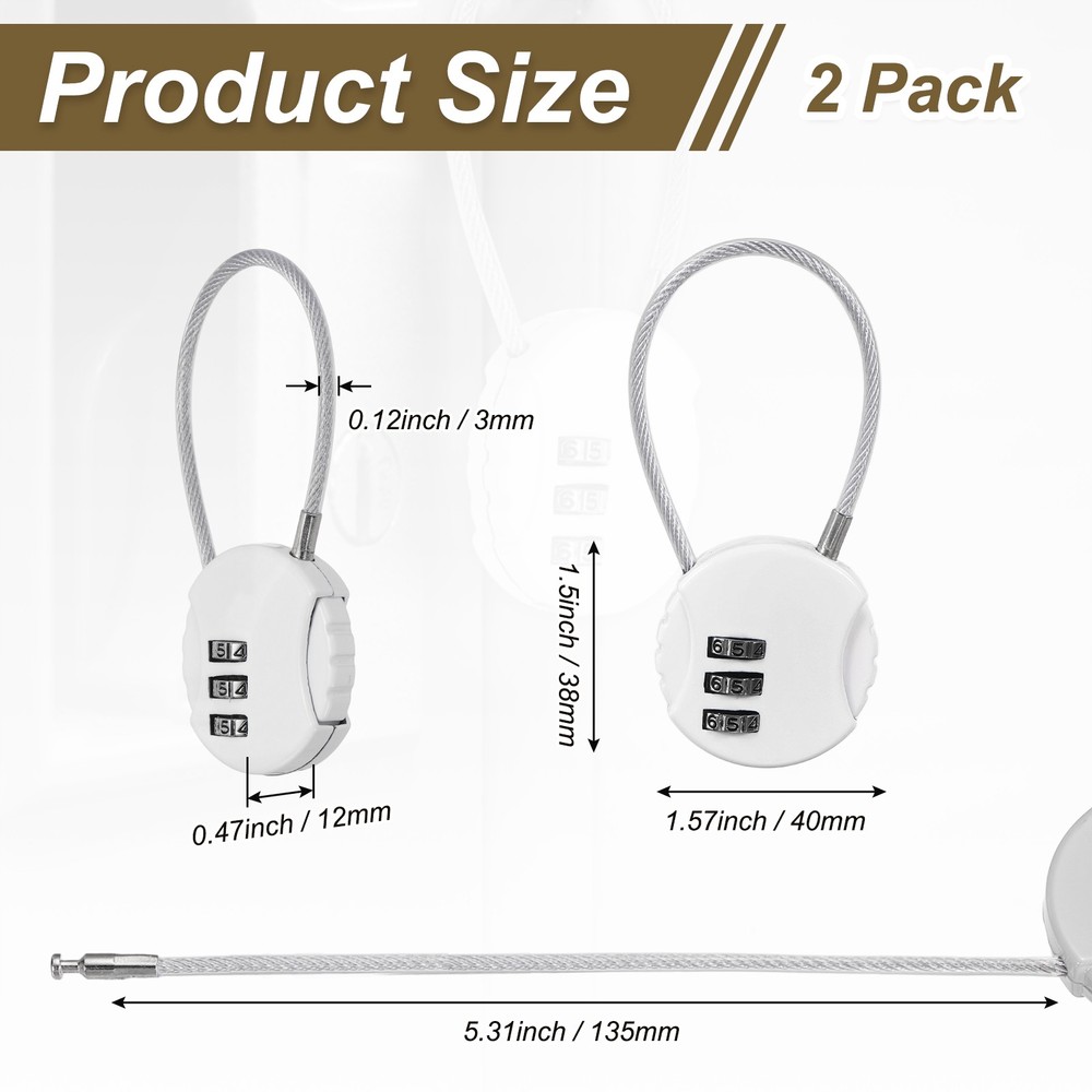 2-Pack Combination Padlock, 3 Digit Round Shaped Cable Luggage Lock [White]